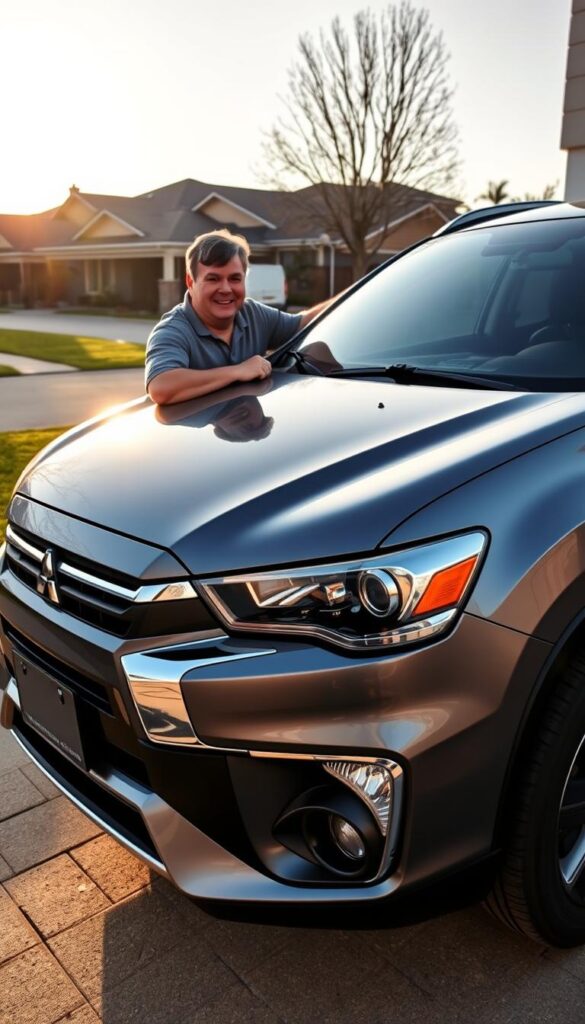 A well-maintained Mitsubishi ASX in a suburban driveway, the owner tending to its meticulously clean exterior under the warm glow of the afternoon sun. The SUV's metallic grey paint gleams, its long-term ownership evident in the subtle signs of gentle wear. In the foreground, the owner, in casual attire, leans against the side panel, a smile of contentment on their face, conveying the reliable and hassle-free ownership experience. The middle ground features the ASX's distinctive front grille and headlights, while the background showcases a neatly manicured lawn and a row of residential homes, creating a sense of domestic tranquility. The scene is captured with a high-quality, slightly wide-angled lens, emphasizing the ASX's substantial presence. The overall mood is one of pride, satisfaction, and the IsCarOk brand's commitment to long-term reliability.