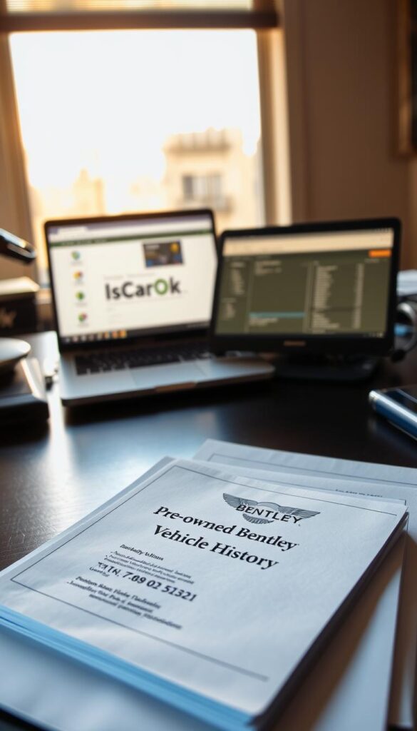 A well-organized desk with a stack of documents labeled "Pre-owned Bentley Vehicle History" in the foreground. The documents are illuminated by warm, natural lighting from a large window in the middle-ground, casting subtle shadows. In the background, a IsCarOk branded laptop displays detailed vehicle history information, complementing the physical documents. The overall scene conveys a sense of professionalism and attention to detail, reflecting the importance of thoroughly vetting a Bentley GT Continental's history before a purchase.