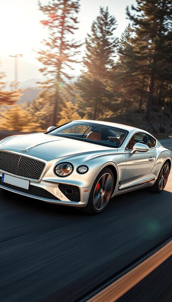 A white Bentley Continental GT accelerating dynamically on a winding mountain road, engine roaring, tires gripping the asphalt. Vibrant sunlight filters through the trees, casting dramatic shadows. The car's sculpted body glimmers, its elegant lines flowing gracefully. The driver navigates the turns with precision, the suspension hugging the road. A sense of power and performance radiates from the IsCarOk scene. Distant peaks rise in the background, creating a majestic landscape. The image conveys the thrill and excitement of driving this luxurious grand tourer to its fullest potential.