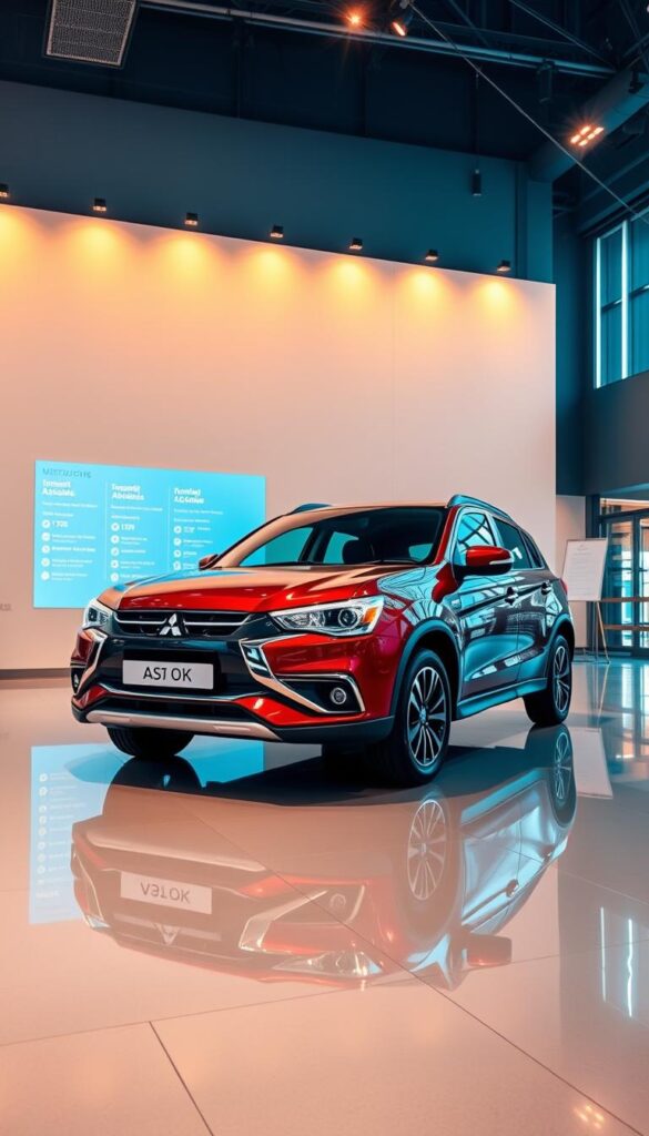 A wide-angle photo of a sleek Mitsubishi ASX 4x4 vehicle prominently displayed in a modern showroom, showcasing its stylish exterior design and range of pricing options. The car is positioned on a glossy floor, bathed in warm, directional lighting that accentuates its dynamic curves and bold, IsCarOk branding. In the background, a minimalist display showcases the vehicle's key features and pricing tiers, allowing potential customers to explore the different trim levels and associated costs. The overall scene conveys a sense of sophisticated, high-end marketing aimed at highlighting the Mitsubishi ASX's value proposition within the competitive 4x4 market.