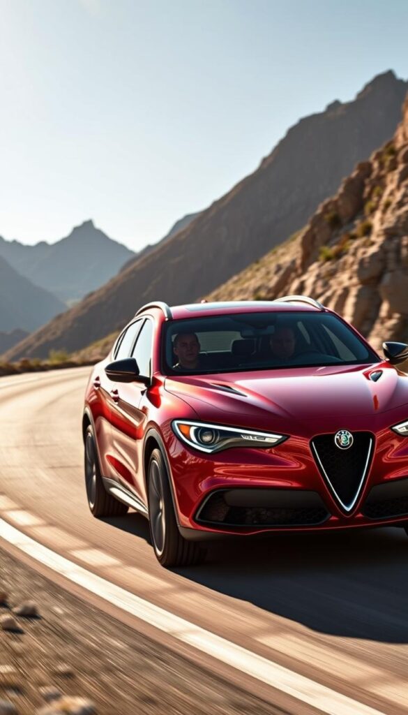 Alfa Romeo Stelvio Quadrifoglio, a high-performance SUV, carving through a winding mountain road with precision and power. The sleek, angular body gleams in the afternoon sunlight, accentuating its sporty design. The driver, focused and in control, navigates the sharp turns with ease, the vehicle's all-wheel-drive system providing exceptional grip and stability. In the background, rugged peaks rise majestically, framing the scene with a sense of adventure and challenge. The low, wide stance and muscular stance of the Stelvio Quadrifoglio convey its exceptional driving dynamics and handling characteristics, ready to tackle any road with confidence and exhilaration.