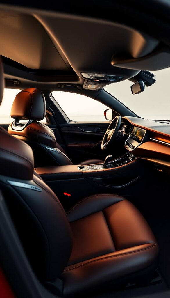 Alfa Romeo Stelvio Quadrifoglio interior, showcasing its luxurious cabin. Gleaming carbon fiber accents, supple leather upholstery, and brushed aluminum trim create an elegant, high-performance ambiance. The driver-focused cockpit features a sleek, curved dashboard with a large central touchscreen and digital instrument cluster. Soft, contoured seats with prominent side bolsters provide excellent support and comfort. Warm, indirect lighting casts a subtle glow, complementing the sporty yet refined atmosphere. The image is captured from a slightly elevated perspective, emphasizing the cabin's spaciousness and attention to detail. Alfa Romeo Stelvio Quadrifoglio interior, showcasing its luxurious cabin. Gleaming carbon fiber accents, supple leather upholstery, and brushed aluminum trim create an elegant, high-performance ambiance. The driver-focused cockpit features a sleek, curved dashboard with a large central touchscreen and digital instrument cluster. Soft, contoured seats with prominent side bolsters provide excellent support and comfort. Warm, indirect lighting casts a subtle glow, complementing the sporty yet refined atmosphere. The image is captured from a slightly elevated perspective, emphasizing the cabin's spaciousness and attention to detail.