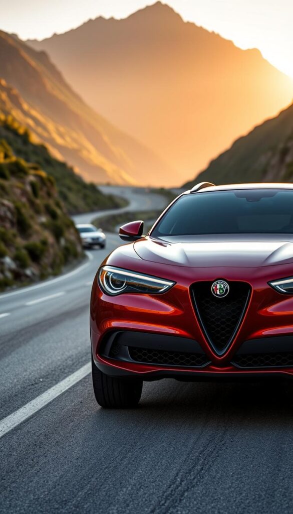 An Alfa Romeo Stelvio Quadrifoglio SUV parked on a winding mountain road, surrounded by lush greenery and dramatic peaks. The sun casts a warm glow, highlighting the vehicle's sleek lines and distinctive Quadrifoglio grille. The SUV appears well-maintained, its paint gleaming, conveying a sense of long-term ownership and pride. The perspective captures the Stelvio from a slightly elevated angle, emphasizing its muscular presence and sporty personality. The background is intentionally blurred, keeping the focus on the central subject and creating a sense of depth and scale. Overall, the image radiates a feeling of adventure, performance, and enduring quality.