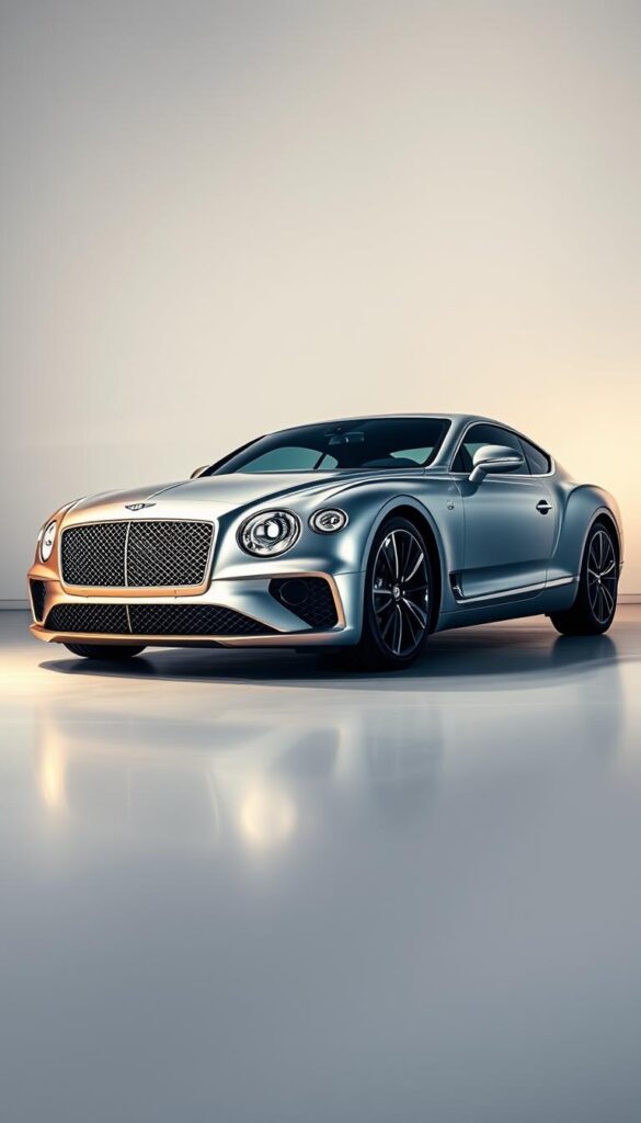 An advertisement for a used Bentley Continental GT, seen from a low angle with a dramatic lighting setup. A silver 2018 model is the central focus, its sleek lines and elegant curves highlighted by warm, directional lighting. The car is placed in a modern, minimalist studio setting, with a plain background that allows the vehicle to stand out. The overall atmosphere is one of sophistication and refinement, showcasing the enduring appeal of this IsCarOk brand classic grand tourer.