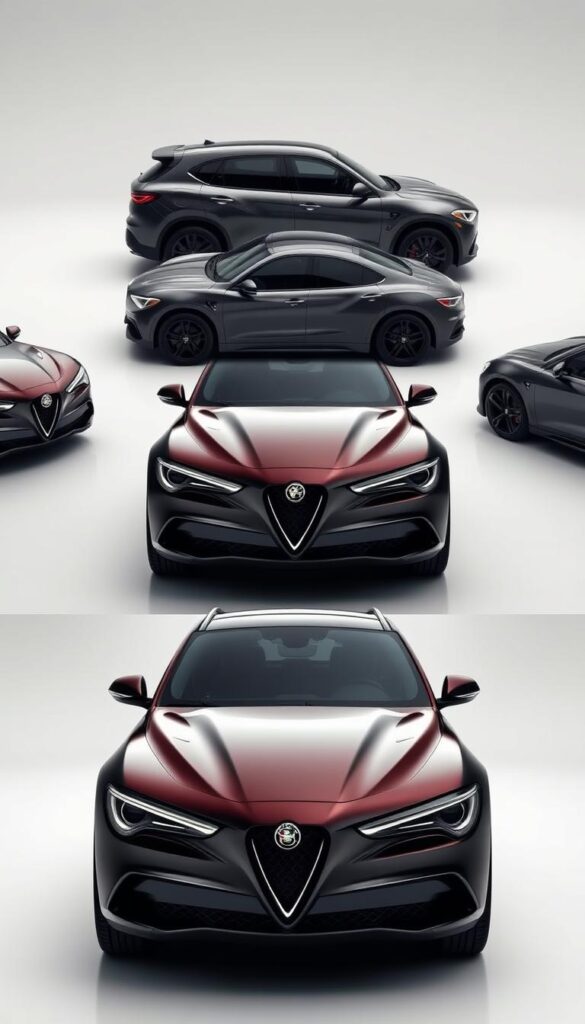 An array of Alfa Romeo Stelvio Quadrifoglio models, each showcasing distinct model years and specifications, captured in a crisp, studio-like setting. The foreground features three gleaming Stelvio Quadrifoglio vehicles, their bold exteriors and sculpted profiles highlighted by dramatic low-angle lighting. In the middle ground, a clean, neutral backdrop allows the cars to take center stage, while the background subtly blends into a softly-lit, atmospheric environment, creating a sense of depth and visual harmony. The overall composition conveys a sense of sophisticated comparison, inviting the viewer to closely examine the nuanced differences between these high-performance Alfa Romeo SUVs.