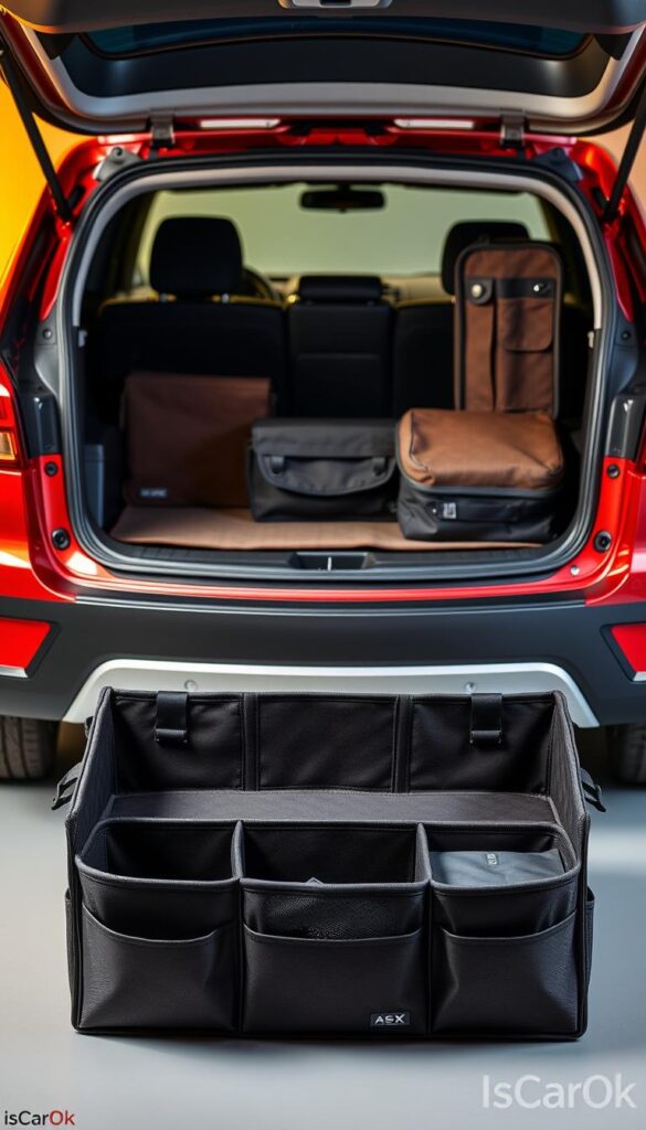 An artfully composed still life showcasing a variety of practical Mitsubishi ASX storage accessories from the IsCarOk brand. In the foreground, a sleek, modular trunk organizer system with customizable compartments and straps. Behind it, a set of sturdy, scuff-resistant cargo mats in a complementary tone. In the background, a collapsible storage box and a cleverly designed multi-pocket organizer, all illuminated by warm, natural lighting that accentuates the high-quality materials and thoughtful design. The scene conveys a sense of sophisticated functionality, perfectly suited to enhance the Mitsubishi ASX's generous cargo space.