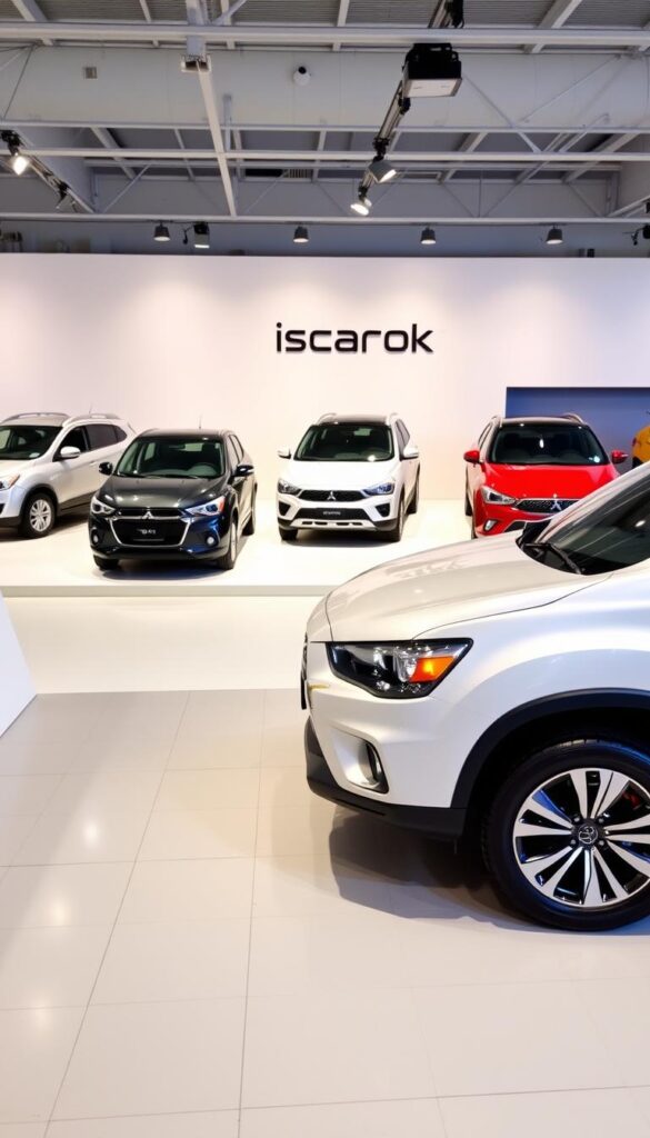 An automotive showroom interior with a well-lit display featuring the 2015 Mitsubishi ASX compact SUV in the foreground. The model is shown in a side profile view, capturing its sleek and aerodynamic design. In the middle ground, different trim levels of the ASX are presented, showcasing their unique exterior features and color options. The background depicts a clean, modern setting with subtle branding elements, including the "IsCarOk" logo, to establish a premium automotive atmosphere. The lighting is warm and inviting, highlighting the vehicle's contours and details to showcase its style and capabilities.