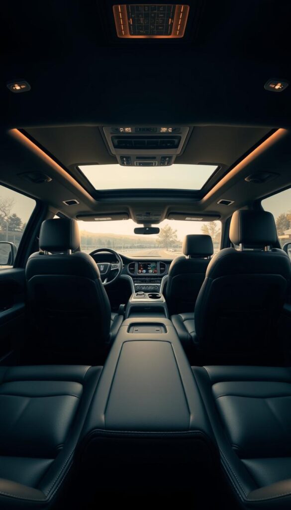 An elegant and meticulously crafted interior of the 2025 Lincoln Navigator Black Label. The spacious cabin exudes luxury, with supple black leather upholstery accented by satin-finished wood trim. Ambient lighting casts a warm glow, highlighting the intricate stitching and premium materials. The driver's cockpit features a large, high-resolution digital display and a sleek, intuitive center console. In the middle, a panoramic sunroof floods the space with natural light, while the middle row captain's chairs provide ample legroom and comfort. The overall atmosphere is one of refined sophistication, inviting the occupants to indulge in a truly premium driving experience.