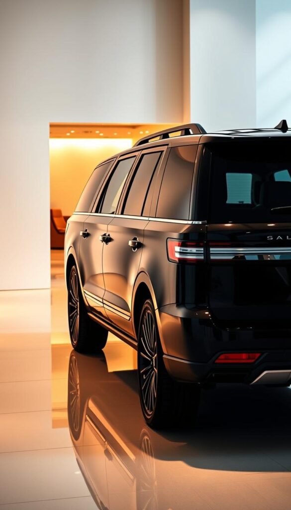 An elegant black 2022 Lincoln Navigator Black Label model, showcased in a high-end showroom setting. The vehicle is positioned in the foreground, its sleek lines and glossy finish illuminated by warm, directional lighting that casts dramatic shadows. In the middle ground, the luxurious interior is partially visible, with premium leather upholstery and wood accents. The background features a minimalist, gallery-like environment, with clean white walls and subtle reflections on the polished floor, creating a sense of spaciousness and sophistication. The overall composition emphasizes the Navigator's refined, premium aesthetics, inviting the viewer to imagine the driving experience and lifestyle associated with this luxury SUV.