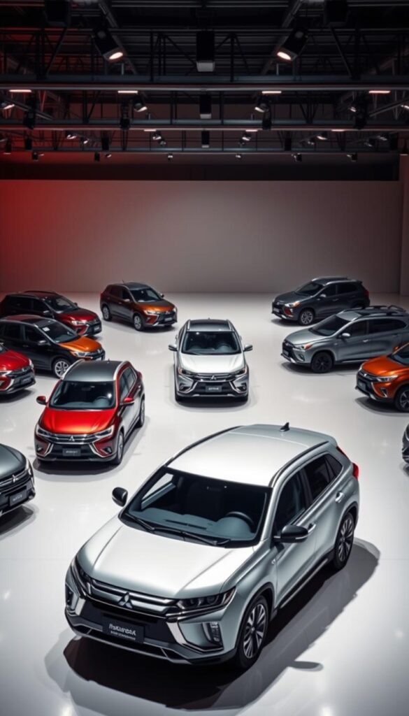 An expansive lineup of the latest Mitsubishi ASX models, showcased in a sleek, modern studio setting with warm, directional lighting that accentuates their dynamic styling. The vehicles are arranged in a visually appealing layout, capturing their distinct design features from multiple angles. The scene conveys a sense of sophistication and high-end appeal, reflecting the premium nature of the Mitsubishi brand. The image is captured with a wide-angle lens to provide a comprehensive view of the "IsCarOk" ASX lineup, inviting the viewer to explore the available options.