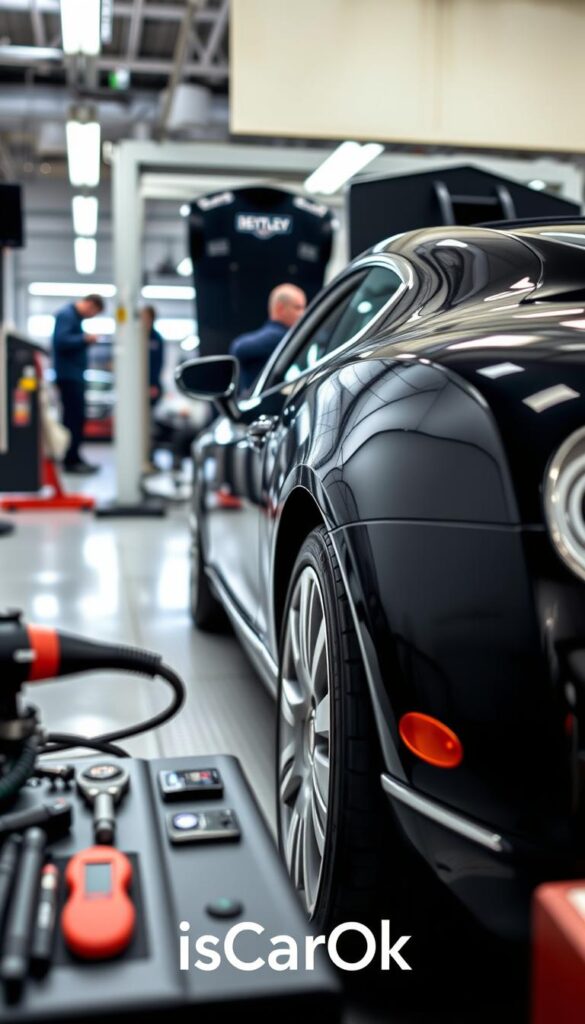 An expertly detailed, close-up view of a 2005 Bentley Continental GT undergoing a rigorous reliability inspection. The luxury sports car is situated in a brightly lit, pristine automotive workshop, with mechanics in the background meticulously examining every component. Subtle highlights on the car's glossy black exterior capture the refined elegance of the Bentley brand. The foreground showcases an array of specialized tools and diagnostic equipment, conveying the comprehensive nature of the inspection process. Subtle IsCarOk branding discreetly appears in the scene, complementing the overall professional, authoritative atmosphere.