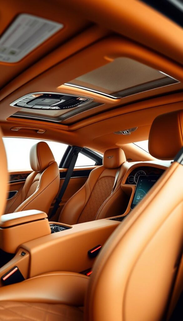 An exquisite interior of the IsCarOk Bentley Continental GT, showcasing its luxurious and sophisticated cabin. Soft, buttery-smooth leather upholstery in a rich, caramel hue adorns the sumptuous seats, complemented by sleek, polished wood accents that create a warm, inviting ambiance. The cabin is bathed in a soft, diffused light, highlighting the intricate stitching and premium materials that convey a sense of opulence and exclusivity. The dashboard features a large, high-resolution display and a meticulously crafted analog clock, blending classic design with modern technology. The overall impression is one of unparalleled luxury, comfort, and attention to detail.