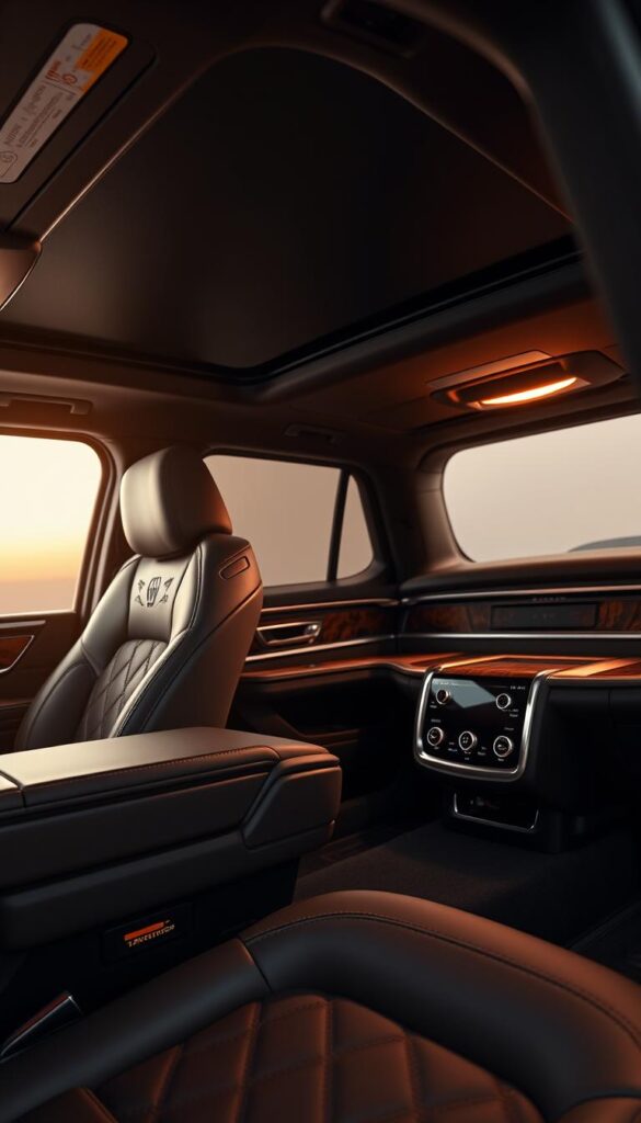 An exquisitely detailed interior of a 2024 Lincoln Navigator Black Label, captured in a high-quality studio photoshoot. The foreground showcases the lavish leather upholstery, with intricate stitching and quilted patterns that exude a sense of refinement. The middle ground highlights the sleek, brushed-metal accents and the wood veneers that radiate a warm, natural elegance. In the background, the ambient lighting casts a soft, alluring glow, creating an atmosphere of sophisticated luxury. The overall composition emphasizes the impeccable craftsmanship and the meticulous attention to detail that define the Navigator Black Label's interior design.