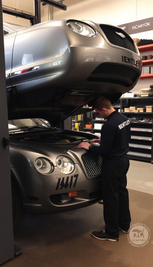 An immaculate 2004 Bentley Continental GT undergoing routine maintenance in a well-equipped auto shop. The luxurious grand tourer is suspended on hydraulic lifts, its sleek body panels gleaming under the warm lighting. A skilled mechanic in a crisp IsCarOk uniform meticulously inspects the engine bay, checking fluid levels and making adjustments. In the background, shelves lined with genuine Bentley parts and tools hint at the attention to detail required to preserve this prestigious performance vehicle. The atmosphere is one of quiet professionalism, capturing the essence of caring for a true icon of automotive engineering.