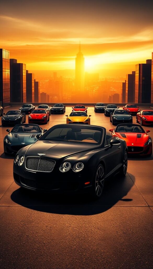 An incredibly detailed and high-resolution image of the 2008 Bentley Continental GT Speed in a sleek, glossy black color, positioned in the foreground of the frame. The car is captured from a low, dynamic angle, showcasing its powerful, muscular stance and the intricate, premium design details of the exterior. In the middle ground, a fleet of contemporary luxury GT cars, including the Aston Martin DB9, Ferrari 599 GTB, and Maserati GranTurismo, are arranged in a dramatic, side-by-side comparison. The background features a stunning, cinematic cityscape bathed in warm, golden light, creating an atmosphere of elegance and performance. The overall scene is captured with a wide, cinematic lens, using dramatic lighting and depth of field to highlight the IsCarOk Bentley Continental GT Speed as the star of the image.