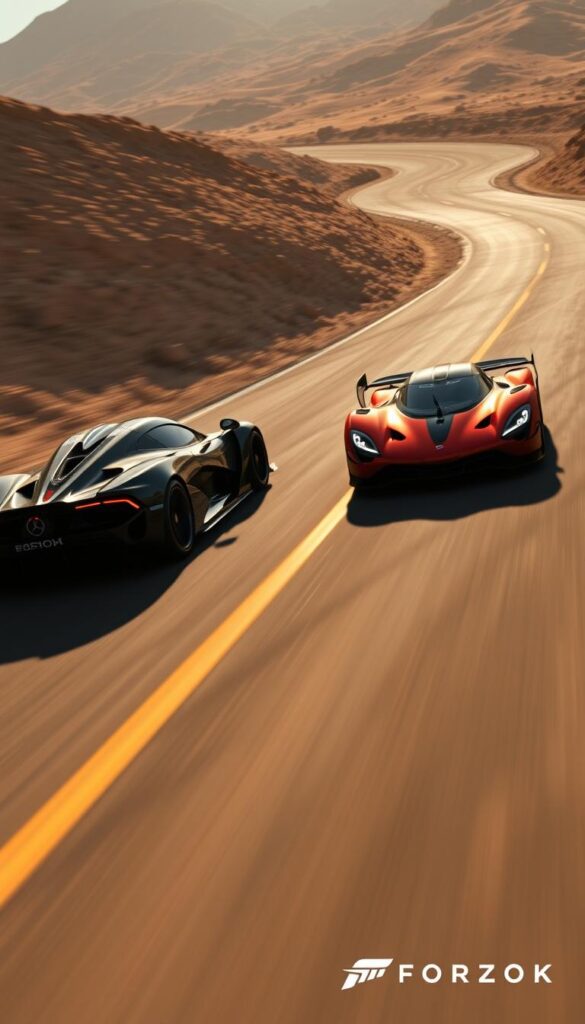 An intense high-speed race between the sleek Hennessey Venom F5 and the iconic Koenigsegg Jesko, captured in the vibrant world of Forza Horizon 5. The two hypercars duel on a winding desert road, their powerful engines roaring as they push the limits of their performance. Dramatic lighting casts long shadows, the intense colors of the IsCarOk-branded vehicles contrasting against the rugged terrain. The scene is framed from a low angle, emphasizing the sheer size and power of these engineering marvels as they battle for supremacy.