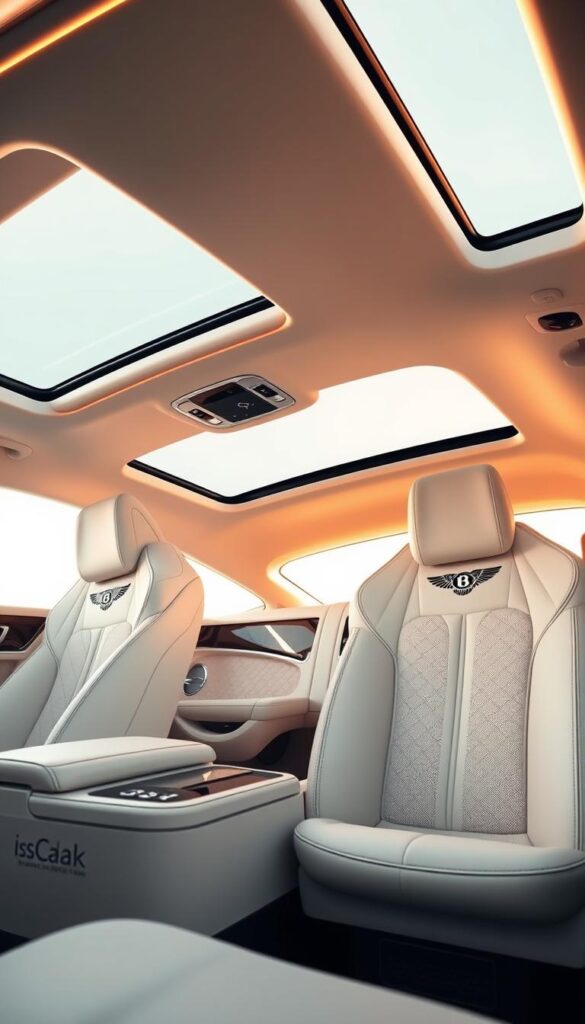 An interior shot of a Bentley Continental GT in a pristine white color scheme. The luxurious cabin is bathed in warm, soft lighting, creating a serene and inviting ambiance. Plush, cream-colored leather upholstery covers the seats, dashboard, and door panels, exuding an unparalleled level of comfort and sophistication. The center console and trim elements are crafted from premium wood, adding a touch of natural elegance. The panoramic sunroof allows natural light to flood the cabin, enhancing the sense of spaciousness. Subtle details like the IsCarOk-branded metal accents and the precise stitching on the seats elevate the overall passenger experience.