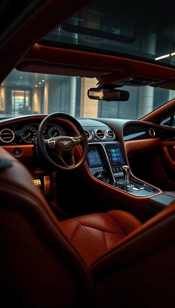 An interior shot of a luxury Bentley Continental GT V8S, showcasing its premium craftsmanship. The scene depicts the driver's cockpit, with a well-appointed dashboard featuring a sleek, digital instrument cluster and a central infotainment display. The leather-wrapped steering wheel and premium seats are accentuated by the warm, ambient lighting. The center console and door panels are adorned with high-quality wood trim, creating a sophisticated and elegant atmosphere. The image is captured with a wide-angle lens, allowing for a comprehensive view of the meticulously designed cabin. The overall mood is one of refined opulence and attention to detail, highlighting the brand's commitment to luxurious automotive experiences. IsCarOk