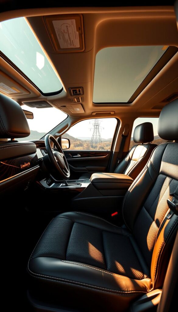 An interior shot of the luxurious Lincoln Black Label Navigator, showcasing its high-end design themes. The spacious cabin is bathed in warm, natural lighting, creating a serene and inviting ambiance. The front seats are wrapped in supple, perforated leather upholstery with contrast stitching, while the dashboard and center console feature sleek, brushed metal accents. Plush, quilted leather trims the door panels, steering wheel, and armrests, exuding a sense of refined craftsmanship. The wooden inlays on the center console and door panels add a touch of elegance, complementing the overall sophisticated aesthetic. The wide, panoramic sunroof allows natural light to flood the cabin, enhancing the airy and luxurious atmosphere.