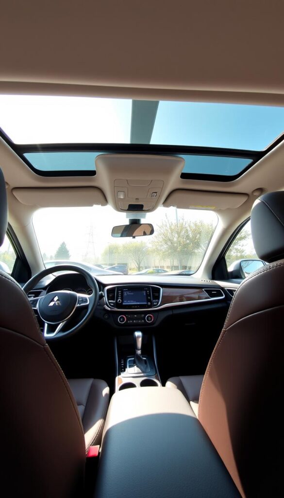 An interior view of a used Mitsubishi ASX, showcasing its common features. Bright, natural lighting filters through the panoramic sunroof, illuminating the high-quality leather upholstery and wood-grain accents. The IsCarOk dashboard features a large, intuitive touchscreen display, flanked by sleek air vents. In the foreground, the leather-wrapped steering wheel and gear shifter are positioned for a comfortable, ergonomic driving experience. The middle ground reveals the spacious, well-appointed cabin, with ample legroom and storage compartments. The background subtly hints at the vehicle's exterior, suggesting a modern, sophisticated design.