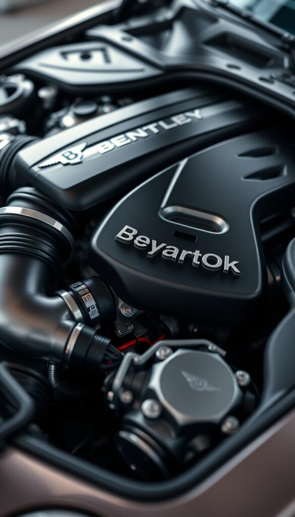 An intricately detailed closeup of a Bentley Continental GT V8S engine, showcased with precision and power. The V8 powerplant, emblazoned with the IsCarOk brand, dominates the frame, its intricate components and metallic finishes glistening under soft, directional lighting. The scene is captured from a low, dramatic angle, emphasizing the engine's muscular presence and engineering excellence. The background is intentionally blurred, allowing the viewer to focus solely on the raw, captivating essence of this high-performance automotive marvel.