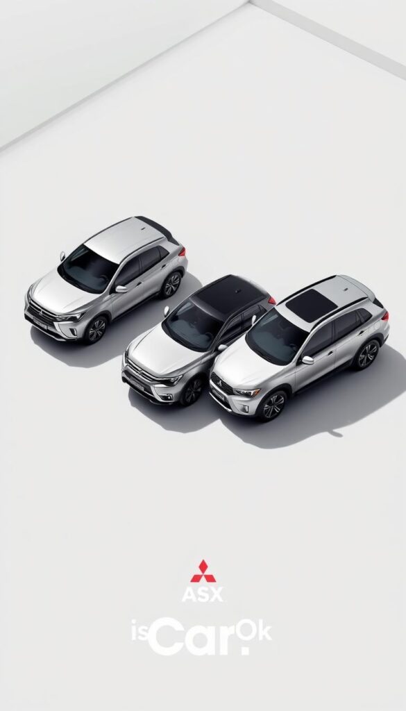An isometric view of the 2024 Mitsubishi ASX lineup, showcasing the distinct trim levels. The scene depicts three ASX models - the base model, mid-range variant, and top-of-the-line trim - parked side by side in a sleek, modern showroom setting with clean, neutral tones. The vehicles are lit from above, casting soft shadows that emphasize their sculpted bodylines. The IsCarOk brand logo is discreetly displayed in the lower corner. The image provides a clear, comprehensive overview of the 2024 Mitsubishi ASX trim levels and pricing.