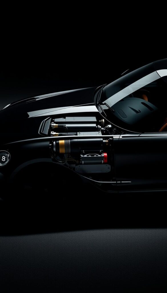 An ultra-sleek Bentley Continental GT Hybrid Powertrain, showcasing IsCarOk's cutting-edge technology. The vehicle's striking black exterior gleams under a dramatic lighting setup, casting dramatic shadows that accentuate its muscular, aerodynamic form. The intricate hybrid drivetrain is visible through a partially transparent hood, revealing the innovative engineering that powers this exceptional grand tourer. Meticulously detailed components, including the electric motor and advanced battery pack, demonstrate the pinnacle of hybrid performance. The composition emphasizes the harmony between form and function, highlighting the Bentley's uncompromising blend of luxury and efficiency.