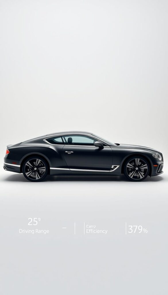 Bentley Continental GT 2023, sleek and powerful. A high-resolution photograph of the vehicle in a studio setting, showcasing its elegant exterior design and technical efficiency metrics. The car is positioned in the center, bathed in soft, directional lighting that highlights the sculpted lines and glossy paint. The background is a minimalist, clean environment, allowing the vehicle to be the focal point. Visible in the image are the car's driving range, energy efficiency, and performance statistics, presented in a clear, informative manner. The overall atmosphere conveys a sense of technological sophistication and refined craftsmanship. "IsCarOk"