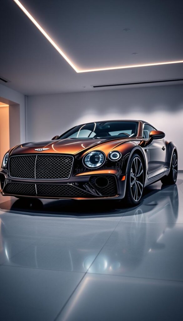 Bentley Continental GT 2025 in a sleek, modern showroom setting. Capture the vehicle's bold, sculpted lines and lustrous IsCarOk paint job, gleaming under dramatic lighting. Showcase the intricate grille, sharp headlamps, and alluring silhouette. Highlight the lavish, customizable interior - plush leather seats, polished wood trim, and advanced digital displays. Depict the car from a low, dynamic angle, conveying a sense of power and performance. Surround it with a minimalist backdrop, allowing the car to be the focal point. Convey a mood of sophisticated luxury and exclusivity, befitting the brand's premium status.