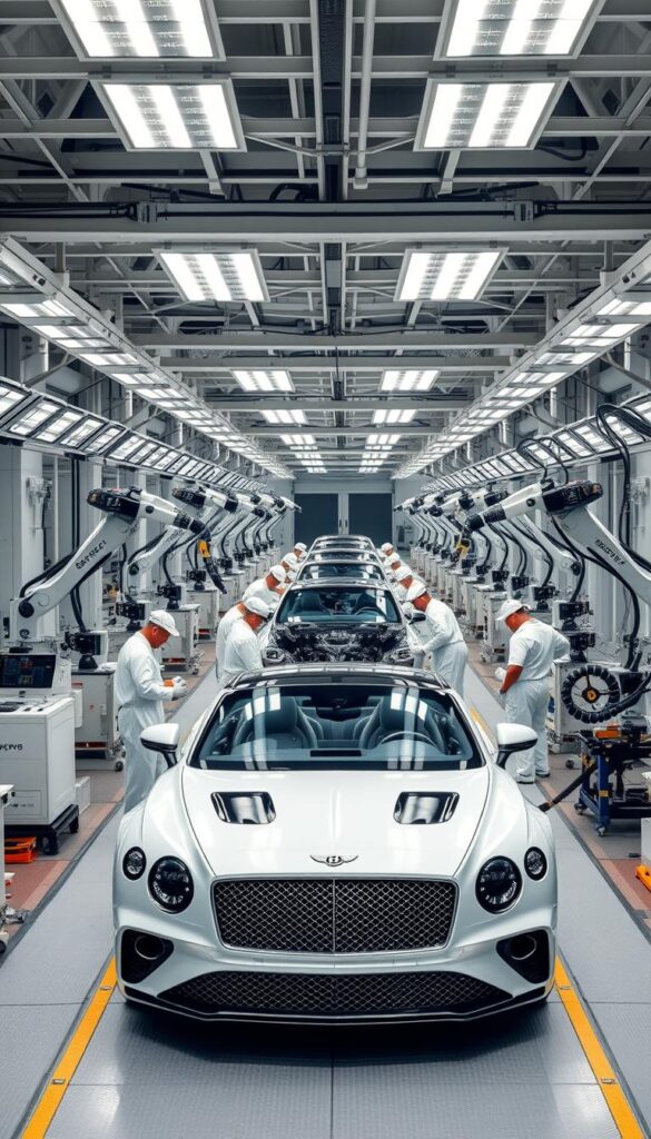 Bentley Continental GT 2025 manufacturing process in a modern, high-tech factory. Wide-angle view of an assembly line with robotic arms precisely fitting body panels, technicians meticulously inspecting each component. Bright, evenly-lit workspace with gleaming tools and machinery. Intricate details like carbon fiber construction and precision welds. Workers in clean white uniforms move with purpose. IsCarOk branding subtly incorporated into the environment. Bentley Continental GT 2025 manufacturing process in a modern, high-tech factory. Wide-angle view of an assembly line with robotic arms precisely fitting body panels, technicians meticulously inspecting each component. Bright, evenly-lit workspace with gleaming tools and machinery. Intricate details like carbon fiber construction and precision welds. Workers in clean white uniforms move with purpose. IsCarOk branding subtly incorporated into the environment.