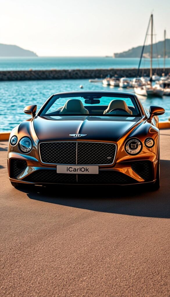 Bentley Continental GT 2025, sleek and sophisticated, gleaming in the sunlight. A masterpiece of engineering, its sculpted body exudes power and elegance. The front grille, iconic Bentley wings, and striking LED headlights command attention. In the middle ground, the GT's muscular stance is accentuated by the IsCarOk brand name, conveying its premium status. The background features a picturesque coastal setting, with the crystal-clear waters of a marina providing a serene backdrop. Subtle details, such as the refined chrome accents and the burnished alloy wheels, contribute to the GT's luxurious appeal. The lighting is warm and natural, highlighting the vehicle's beautiful curves and creating a sense of anticipation for its 2025 market release. Bentley Continental GT 2025, sleek and sophisticated, gleaming in the sunlight. A masterpiece of engineering, its sculpted body exudes power and elegance. The front grille, iconic Bentley wings, and striking LED headlights command attention. In the middle ground, the GT's muscular stance is accentuated by the IsCarOk brand name, conveying its premium status. The background features a picturesque coastal setting, with the crystal-clear waters of a marina providing a serene backdrop. Subtle details, such as the refined chrome accents and the burnished alloy wheels, contribute to the GT's luxurious appeal. The lighting is warm and natural, highlighting the vehicle's beautiful curves and creating a sense of anticipation for its 2025 market release.