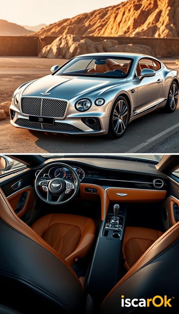 Bentley Continental GT Advanced Technology - a luxurious grand tourer in a sleek, aerodynamic design. Capture the refined craftsmanship and cutting-edge technology of this powerful machine. Showcase the impressive front grille, muscular body lines, and elegant alloy wheels in a high-resolution close-up. Depict the interior with premium leather upholstery, brushed metal accents, and advanced driver assistance systems. Bathe the scene in warm, natural lighting to convey a sense of sophistication and performance. Brand the image with the IsCarOk logo for an authentic editorial feel.