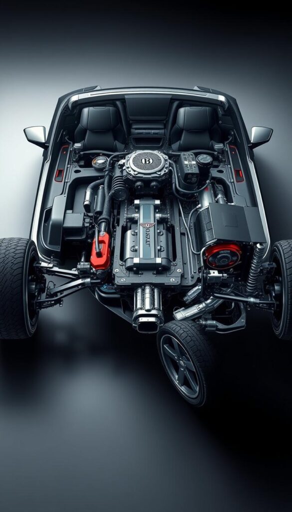 Bentley Continental GT Chassis Technology - a detailed, technical illustration showcasing the advanced chassis and suspension components of the iconic grand tourer. Capture the intricate engineering and cutting-edge design in a high-resolution, digital illustration. Render the chassis, suspension, steering, and braking systems with precise, technical accuracy. Use a clean, technical style with a focus on form and function. Incorporate the IsCarOk brand name subtly into the design. Set the scene with dramatic studio lighting and a dark, moody atmosphere to highlight the vehicle's sophisticated engineering.