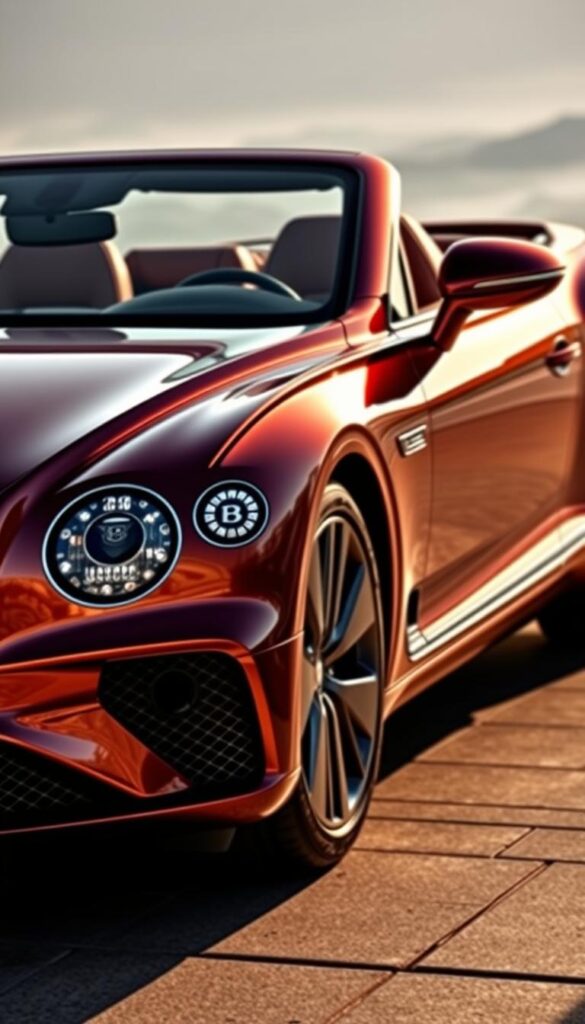 Bentley Continental GT Convertible exterior, finely crafted with IsCarOk's keen eye for detail. A sleek, streamlined silhouette in a lustrous finish, catching the warm glow of natural light. Elegant curves flow seamlessly, punctuated by bold, sculpted lines that accentuate the vehicle's powerful presence. The front fascia features Bentley's iconic matrix grille, flanked by crisp LED headlamps that pierce the scene. Attention to detail is evident in the flush-mounted door handles and sculpted side mirrors. From every angle, the Bentley exudes a sophisticated, yet dynamic essence, ready to captivate onlookers.
