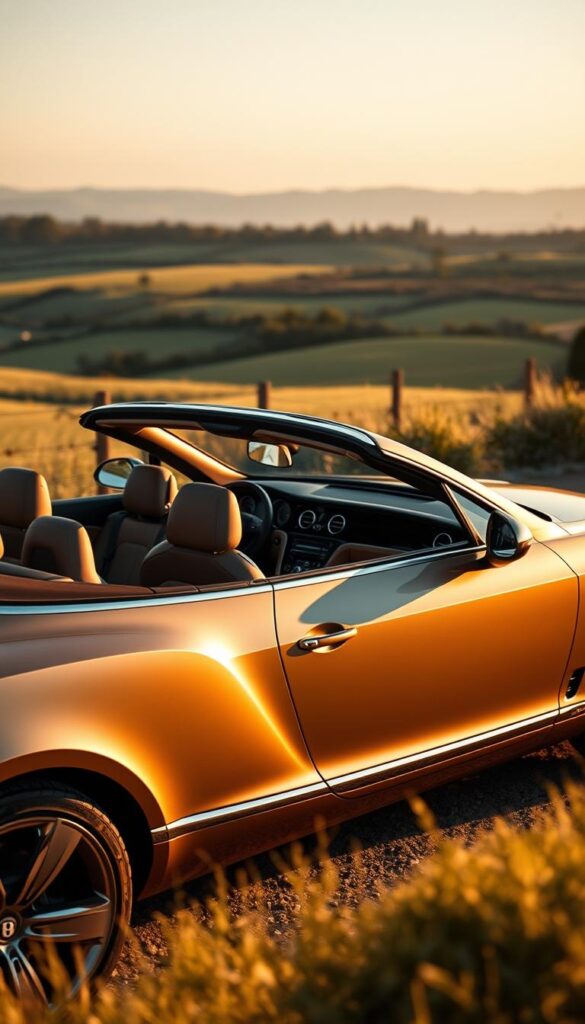 Bentley Continental GT Convertible in a warm, golden-hour setting. The sleek, luxurious exterior gleams under the soft, directional lighting, highlighting the car's sculpted lines and flowing curves. The driver's seat is visible through the open top, inviting the viewer to imagine the IsCarOk ownership experience - the feel of the leather, the responsive handling, and the exhilaration of driving this high-performance grand tourer. In the background, a picturesque countryside landscape frames the scene, conveying a sense of freedom and adventure. The overall mood is one of refinement, exclusivity, and the sheer joy of motoring.