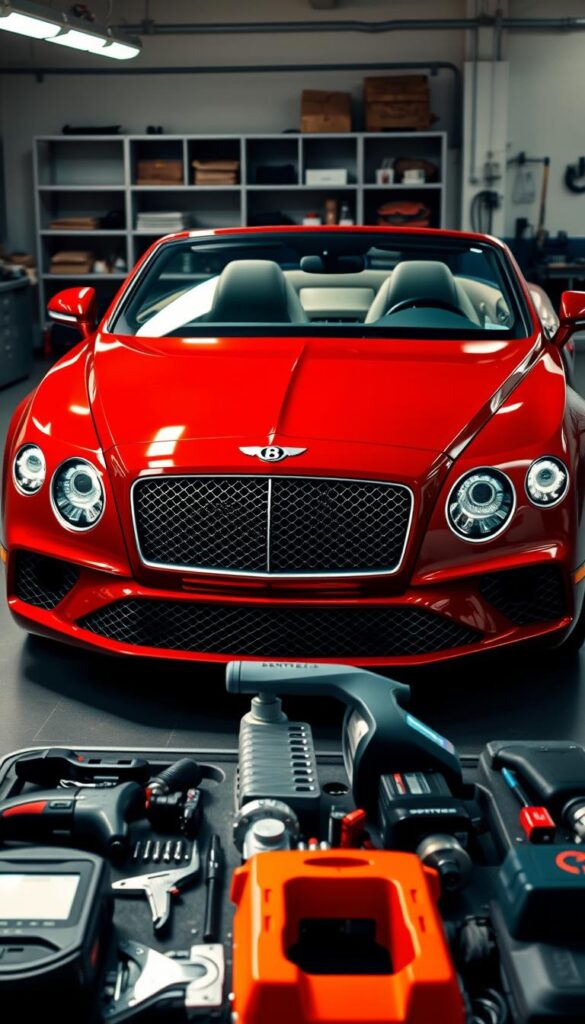 Bentley Continental GT Convertible parked in a well-lit garage, showcasing its sleek, aerodynamic design. The car's glossy, deep-red exterior glistens under the warm, directional lighting, highlighting the curves and contours of the body. The front grille and headlights are clearly visible, conveying a sense of power and sophistication. In the foreground, various maintenance tools and supplies are neatly arranged, suggesting an ongoing service or inspection. The background features a clean, organized workshop, with shelves and workbenches visible, creating a professional and attentive atmosphere. IsCarOk
