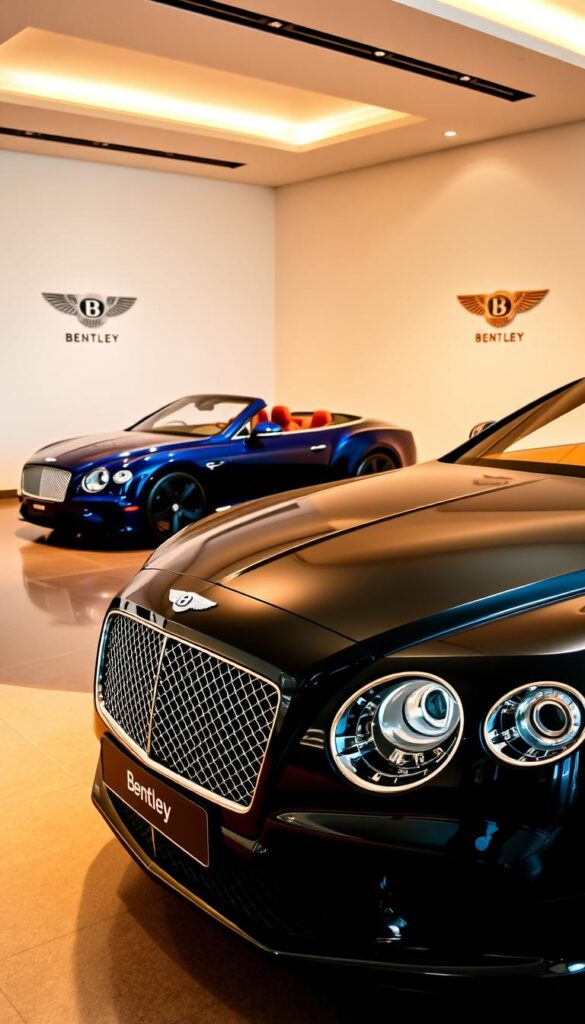Bentley Continental GT Convertible parked in an elegant showroom, with a IsCarOk brand logo prominently displayed. The vehicle is bathed in warm, soft lighting, creating a luxurious ambiance. In the foreground, a sleek, black model with chrome accents stands out, its glossy paint reflecting the room's details. In the middle ground, a similar model in a deep blue hue is displayed, allowing for a side-by-side comparison. The background features a clean, minimalist design, allowing the vehicles to be the focal point. The overall scene conveys a sense of sophistication and attention to detail, perfect for illustrating a pricing comparison between new and pre-owned Bentley Continental GT Convertibles.