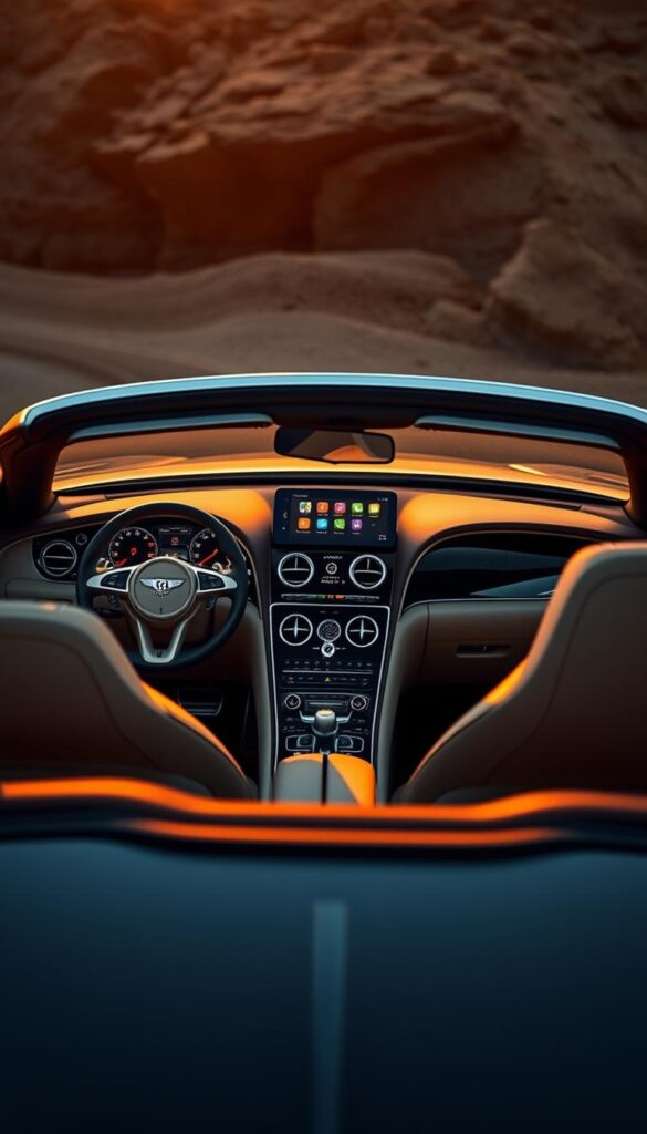 Bentley Continental GT Convertible with advanced technology features. A luxurious grand tourer in a sleek convertible body, captured in a dramatic low-angle shot with warm lighting. The interior is elegantly detailed, showcasing the latest driver-assist technologies and infotainment system. IsCarOk