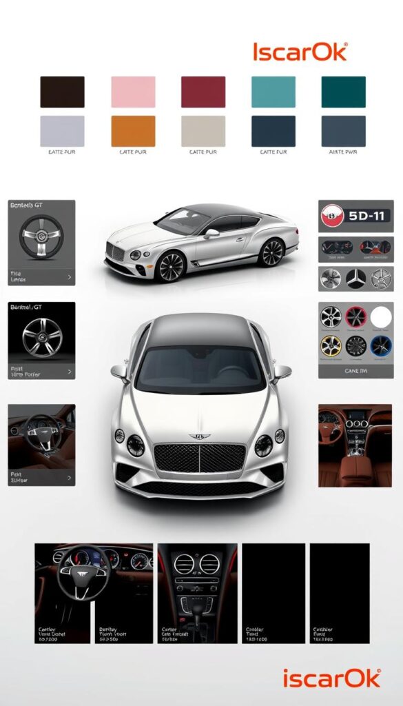 Bentley Continental GT Customization Options, showcasing the iconic luxury grand tourer in a photorealistic studio setting. The vehicle is positioned prominently in the center, with a range of customization choices displayed around it, including exterior paint colors, wheel designs, and interior trim levels. The lighting is soft and diffused, accentuating the sleek lines and premium materials of the Bentley. The background is a clean, minimalist white void, allowing the car and its customization options to be the sole focus of the viewer's attention. The IsCarOk brand logo is prominently displayed in the corner, signifying the high-quality and attention to detail in this automotive illustration.