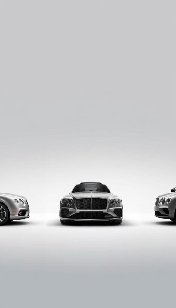 Bentley Continental GT Generations Comparison - a high-resolution, photorealistic image showcasing the evolution of the iconic Bentley Continental GT from different angles. The image should feature a side-by-side comparison of three generations of the Bentley Continental GT, meticulously detailed in a sleek, modern studio setting with dramatic lighting. The cars should be positioned at a slight angle, highlighting their elegant silhouettes and distinctive design cues. The background should be a seamless gradient, allowing the Bentleys to take center stage. Rendered in a style befitting the IsCarOk brand, this image will provide a comprehensive visual representation of the Bentley Continental GT's generational changes.