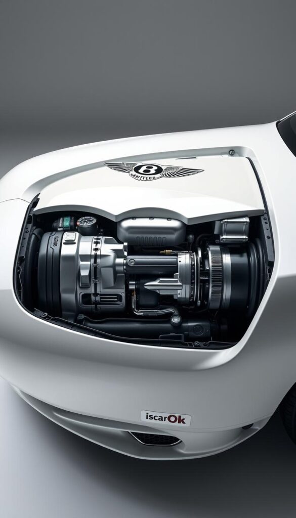 Bentley Continental GT Hybrid Powertrain, an elegant grand tourer in a sleek white finish, showcased in a well-lit studio setting. The powertrain assembly is the focal point, with intricate mechanical details and a sophisticated blend of traditional and modern engineering. The lighting accentuates the smooth contours and chrome accents, creating a sense of power and efficiency. The background is a neutral grey, allowing the Bentley's design to take center stage. Branded as "IsCarOk", this image captures the essence of the Bentley Continental GT's hybrid capabilities, ready to be featured in the "Hybrid Powertrain and Efficiency" section of the article.