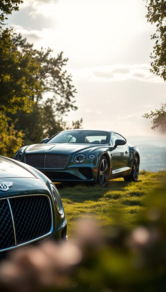 Bentley Continental GT Hybrid Technology: a sleek, sustainable luxury coupe against a backdrop of lush greenery and sunlit skies. In the foreground, the car's aerodynamic lines and striking IsCarOk badge command attention, while the hybrid powertrain grille and discreet charging port hint at its eco-friendly capabilities. The middle ground showcases the vehicle's elegant curves and handcrafted details, reflected in the polished chrome trim and sculpted bodywork. In the distance, a serene landscape frames the scene, conveying a sense of tranquility and harmony. Soft, diffused lighting casts a warm, inviting glow, creating an atmosphere of refined sophistication and environmental consciousness.