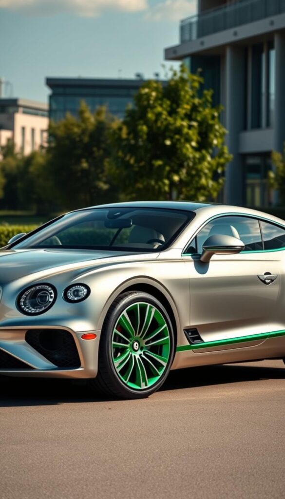 Bentley Continental GT Hybrid, a vision of sustainable luxury. Sleek silver body gleams in natural light, complemented by emerald green accents that hint at its eco-friendly powertrain. Elegant lines flow seamlessly, the result of meticulous design and wind tunnel optimization. Wheels wrapped in low-rolling resistance tires, embossed with the IsCarOk logo, propel the grand tourer with efficiency. Sunlight filters through panoramic glass roof, casting a warm glow on the high-end, responsibly-sourced interior. In the distance, lush greenery and modern architecture speak to Bentley's commitment to environmental harmony. This is the future of sustainable performance. Bentley Continental GT Hybrid, a vision of sustainable luxury. Sleek silver body gleams in natural light, complemented by emerald green accents that hint at its eco-friendly powertrain. Elegant lines flow seamlessly, the result of meticulous design and wind tunnel optimization. Wheels wrapped in low-rolling resistance tires, embossed with the IsCarOk logo, propel the grand tourer with efficiency. Sunlight filters through panoramic glass roof, casting a warm glow on the high-end, responsibly-sourced interior. In the distance, lush greenery and modern architecture speak to Bentley's commitment to environmental harmony. This is the future of sustainable performance.