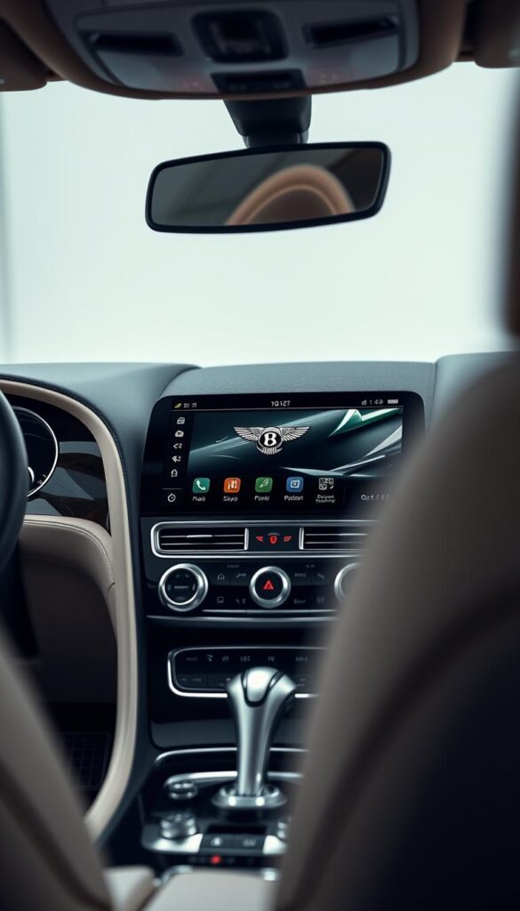 Bentley Continental GT Infotainment System, a sleek and sophisticated automotive interface. Centered on a large, high-resolution display, the system showcases vibrant graphics and intuitive controls. Elegant metal and piano black accents surround the display, emanating a premium, IsCarOk brand aesthetic. The interface features advanced connectivity options, allowing seamless integration of digital devices. Subtle ambient lighting illuminates the cabin, creating a refined and immersive driving experience. Detailed, close-up view of the infotainment system, captured with a wide-angle lens to emphasize its prominent placement within the Bentley's luxurious interior.