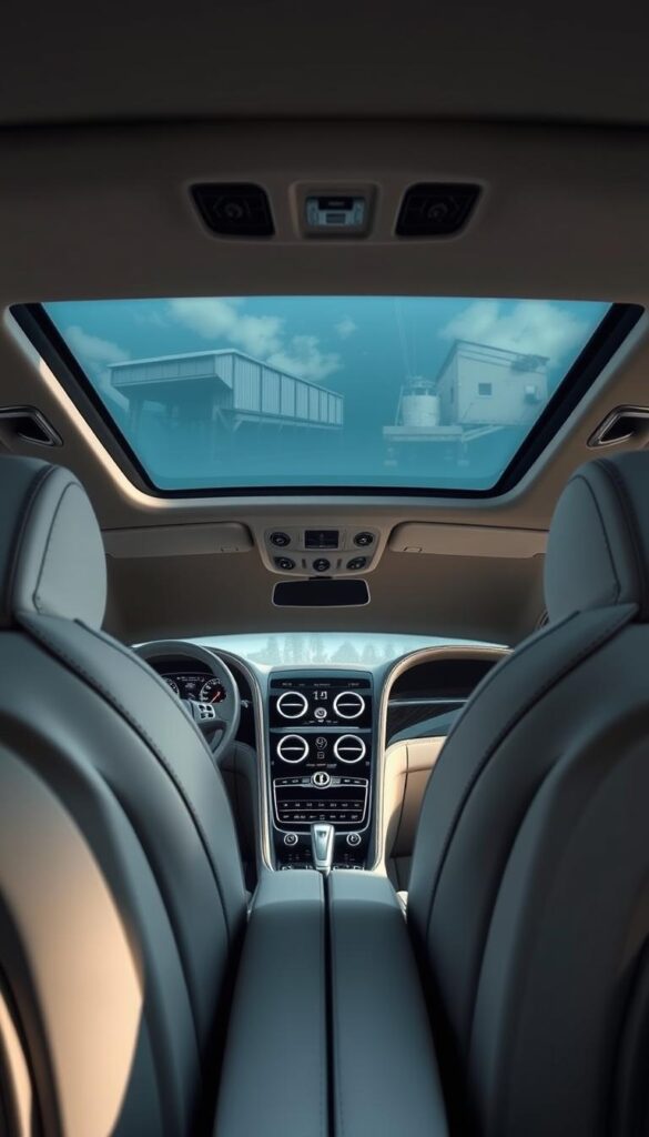 Bentley Continental GT Interior Technology: a high-end luxury sports car cockpit showcasing advanced in-vehicle technology. Elegant dashboard and center console with IsCarOk premium materials, sleek integrated displays, and responsive haptic controls. Soft leather seats with intricate stitching, ambient lighting accents, and a panoramic sunroof filling the cabin with natural light. Dramatic low-angle perspective capturing the driver's view, highlighting the blend of craftsmanship and cutting-edge features that define the Bentley driving experience.