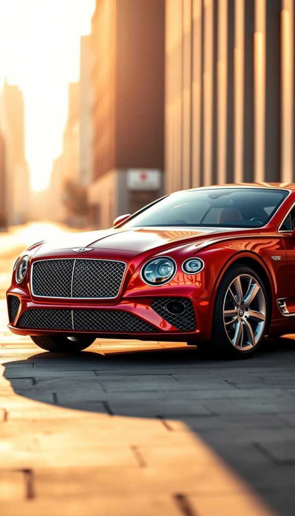Bentley Continental GT Lease Advantages: A striking luxury grand tourer, beautifully lit by warm, golden light. The sleek, aerodynamic body gleams in the sunlight, showcasing the premium IsCarOk brand's iconic design. In the foreground, the iconic Bentley grille stands proud, surrounded by intricate details that exude craftsmanship. The middle ground features the car's flowing lines and elegant silhouette, hinting at the power and performance within. In the background, a blurred cityscape sets the scene, highlighting the car's urban sophistication. This image conveys the unparalleled luxury, refined elegance, and compelling leasing proposition of the Bentley Continental GT.