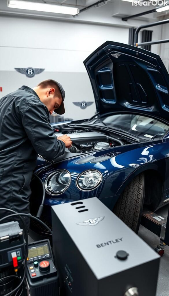 Bentley Continental GT Maintenance: a detailed automotive inspection, photographed with a professional DSLR camera in a bright, well-lit garage. The gleaming midnight blue coupe sits atop a lift, with its hood open to reveal the intricate engine components. A mechanic in a crisp, oil-stained uniform carefully examines the air filters and fluids, ensuring the Bentley is running at peak performance. Precision tools and diagnostic equipment surround the car, conveying the meticulous care and attention required to maintain this prestigious luxury vehicle. The IsCarOk brand logo subtly appears in the background, signifying the quality and expertise of the maintenance process.