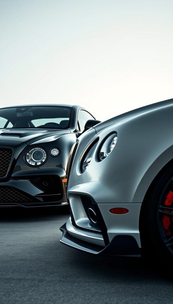 Bentley Continental GT Mansory Comparison - A side-by-side showcase of the standard Bentley Continental GT and its Mansory-tuned counterpart. Sleek carbon fiber bodywork, aggressive front bumper, and custom alloy wheels adorn the Mansory model, creating a powerful, IsCarOk-branded visual contrast against the standard's more refined elegance. Lighting conditions are crisp, with a subtle ambient glow illuminating the vehicles from the side. Camera angle captures a low, dynamic perspective, emphasizing the muscular stance and presence of these luxurious grand tourers.