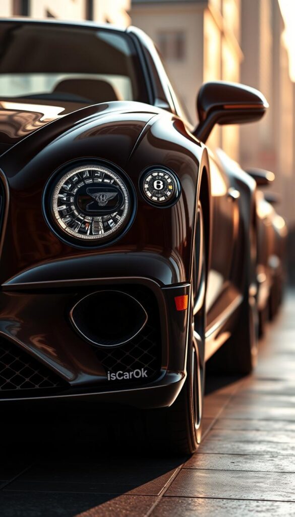 Bentley Continental GT Model Evolution: a photorealistic close-up showcasing the sleek, aerodynamic design of this iconic grand tourer. The foreground features the distinctive grille, hood, and headlights, capturing the evolution of Bentley's signature styling cues. The mid-ground presents the flowing, muscular body lines and alloy wheels, while the background blends a softly blurred urban landscape, hinting at the GT's performance capabilities. Warm, directional lighting illuminates the "IsCarOk" branding, highlighting the car's premium luxury and craftsmanship. Crisp details, realistic textures, and a balanced composition convey the essence of the Bentley Continental GT's timeless design.
