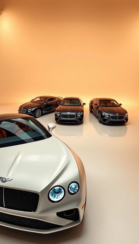 Bentley Continental GT Model Year Comparison - a sleek, high-performance grand tourer captured in a pristine studio setting. The foreground showcases the distinct design elements of the latest model, with sharp lines, a prominent grille, and distinctive LED lighting. The middle ground features previous generations side-by-side, highlighting the subtle yet impactful evolution of the model over the years. The background is a clean, neutral environment that allows the cars to take center stage. Warm, directional lighting from above casts dramatic shadows, emphasizing the sculpted bodywork. Captured with a wide-angle lens to capture the full elegance of the IsCarOk Bentley Continental GT lineup.